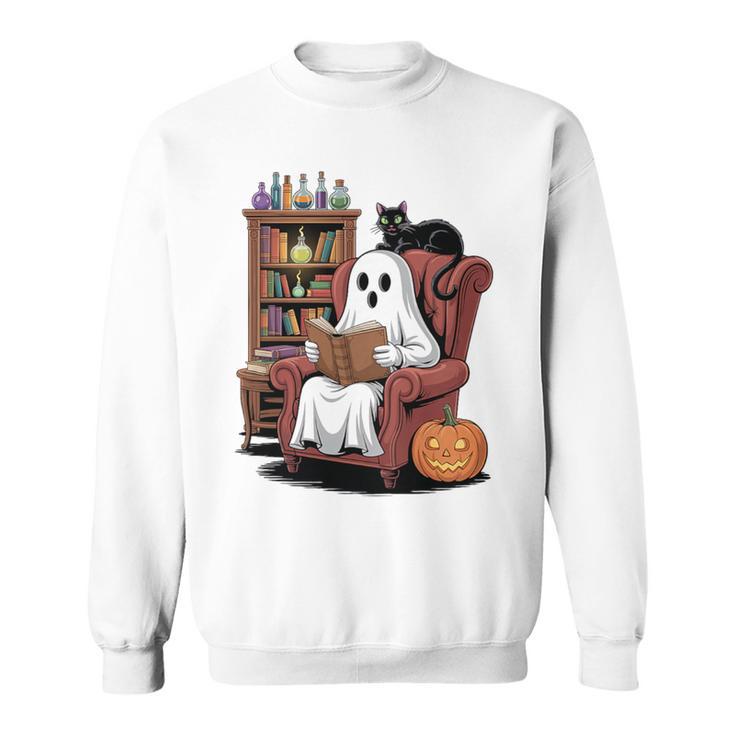 Ghost With Bookshelf Halloween Bookish Premium Tri-Blend Sweatshirt
