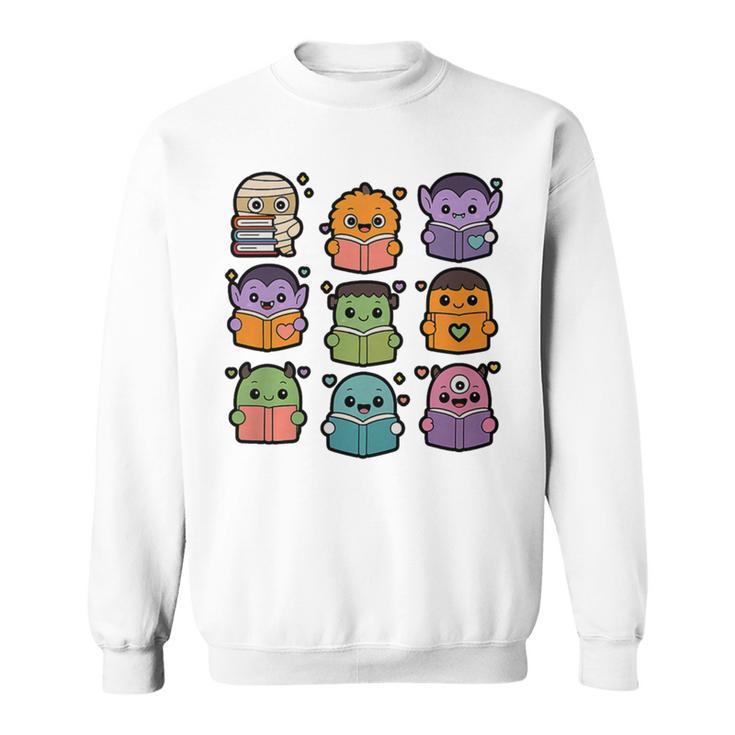 Halloween Monsters Reading Books Pattern Spooky Kawaii Anime Premium Tri-Blend Sweatshirt