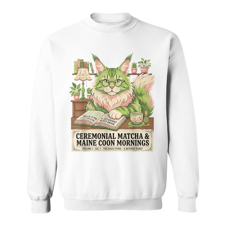 Matcha Drinking Maine Coon Cat Reading Books Aesthetic Sweatshirt