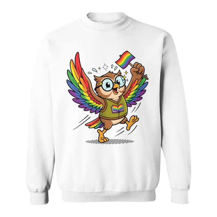 Owl With Pride Flag Book Lover Rainbow Library Sweatshirt