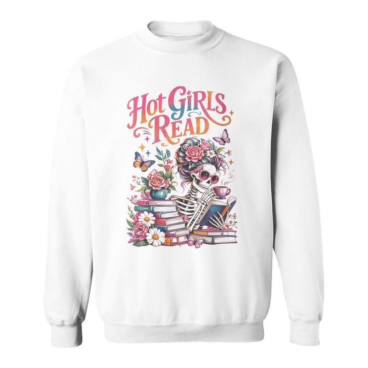 Women's Hot Girls Reader Floral Book Lover Cute Skeleton Reading Sweatshirt