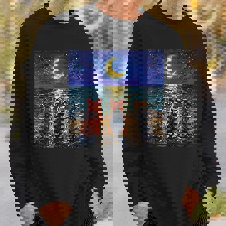 3 コーギーの夜のビーチかわいい犬と三日月のアートワーク スウェットシャツ 彼への贈り物