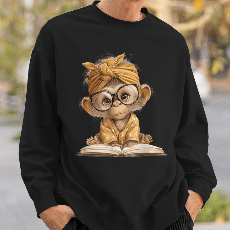 Baby Monkey Open Book Reading Animal Lover Graphic Portrait Sweatshirt Gifts for Him