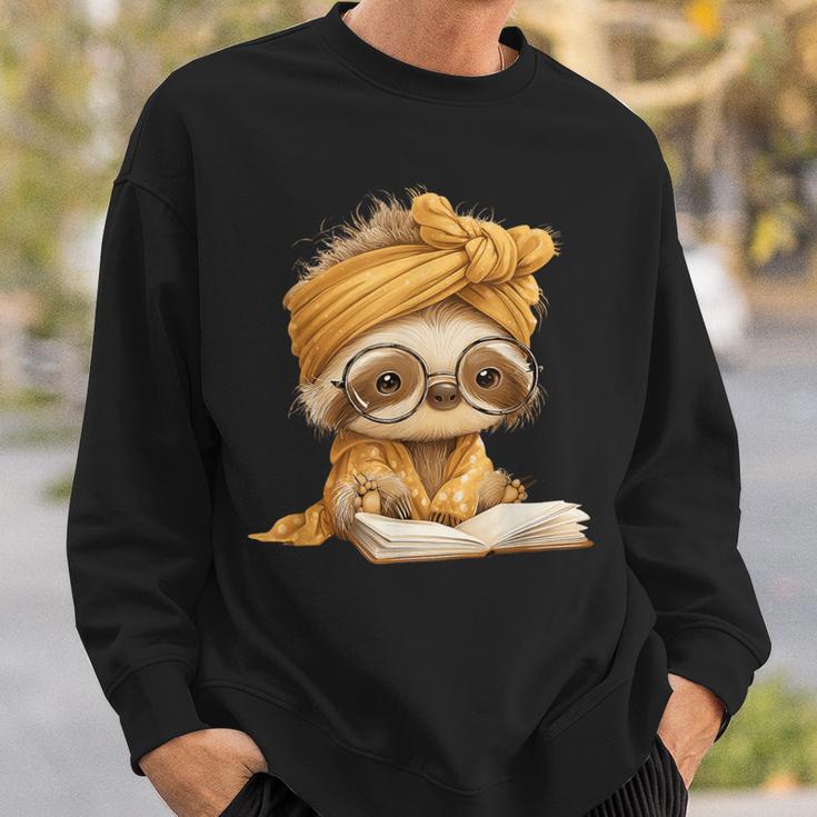 Baby Sloth Open Book Reading Animal Lover Graphic Portrait Sweatshirt Gifts for Him