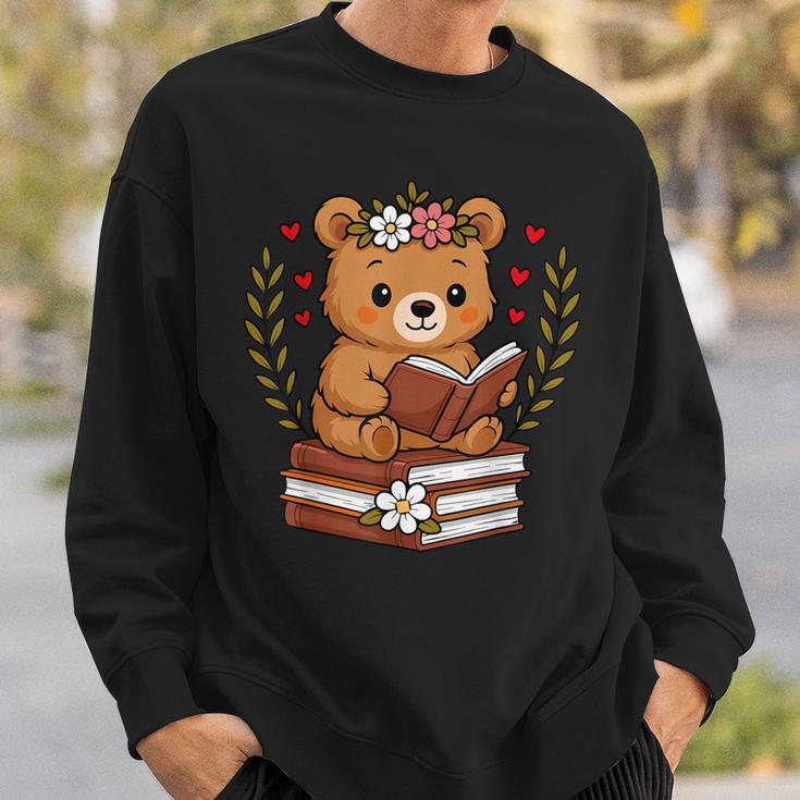 Bear Reading Book Graphic Bear With Book Floral Sweatshirt Gifts for Him