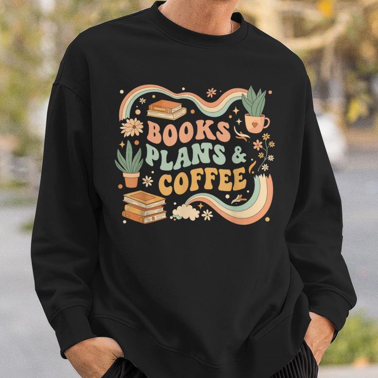 Book Lover Coffee Plants Retro Cozy Succulent Reading Groovy Sweatshirt Gifts for Him