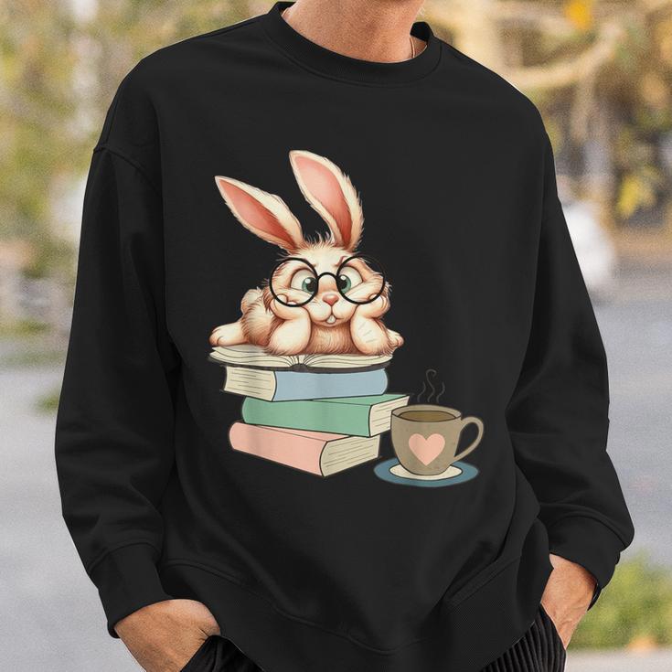 Bunny With Books And Coffee Reading Booknerd Bookish Easter Sweatshirt Gifts for Him