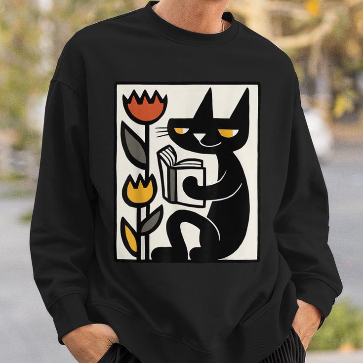 Cat Reading Book Folk Art Cozy Illustration Sweatshirt Gifts for Him
