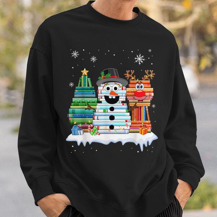 Christmas Tree Snowman Reindeer Book Stack Tee Librarian Sweatshirt Gifts for Him