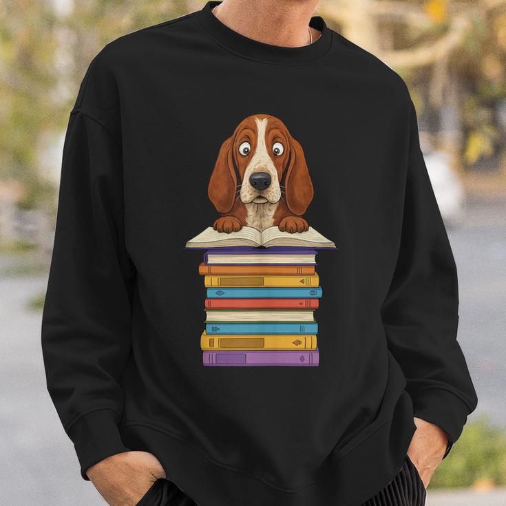 Cute Basset Hound Dog Reading On Pile Of Books Sweatshirt Gifts for Him