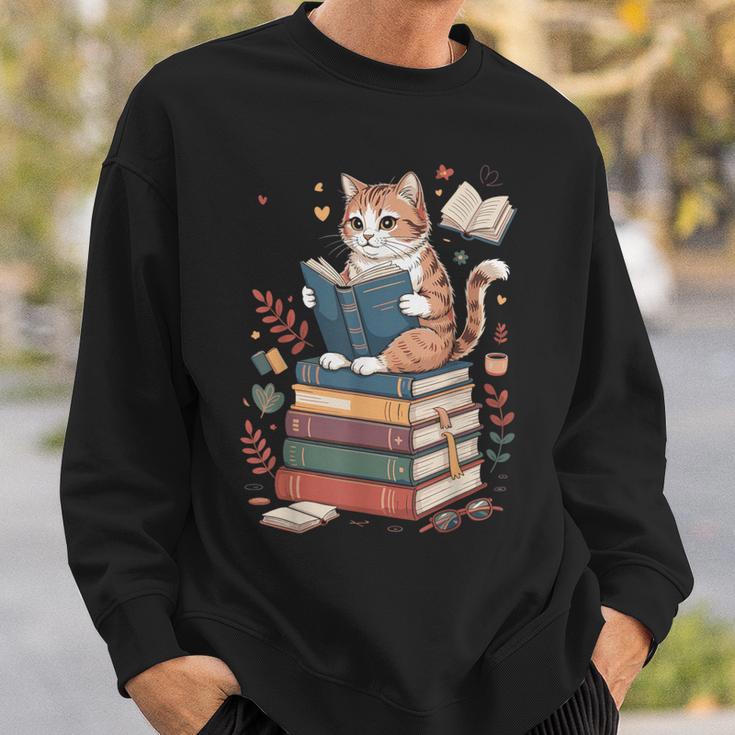 Cute Cat Reading Books With Tea Sweatshirt Gifts for Him Cute Cat Reading Books With Tea Sweatshirt Gifts for Him