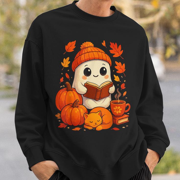 Cute Ghost Reading Book Autumn Pumpkins Cat Coffee Halloween Sweatshirt Gifts for Him Cute Ghost Reading Book Autumn Pumpkins Cat Coffee Halloween Sweatshirt Gifts for Him