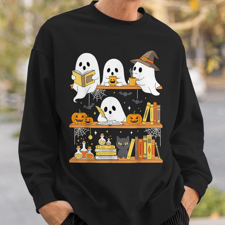 Cute Halloween Ghost Bookshelf Cat Book Lover Sweatshirt Gifts for Him