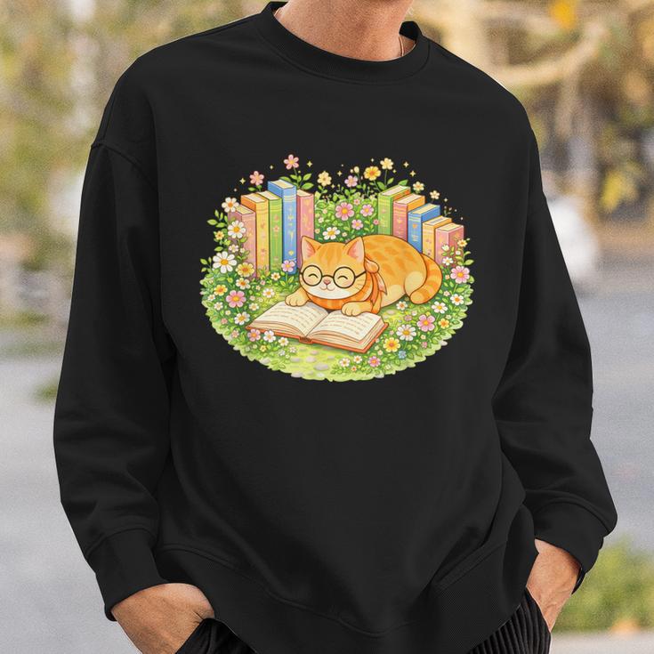 Cute Kawaii Cat Books Flowers Sweatshirt Gifts for Him