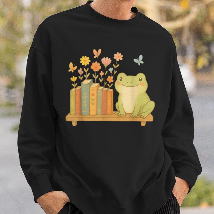 Cute Kawaii Frog Books Flowers Sweatshirt Gifts for Him Cute Kawaii Frog Books Flowers Sweatshirt Gifts for Him