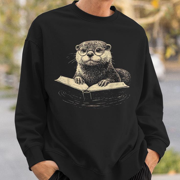 Cute Otter Wearing Glasses Reading Book Librarian Teacher Sweatshirt Gifts for Him
