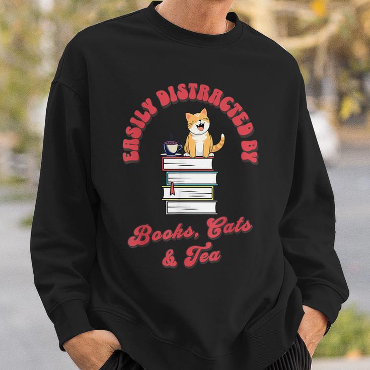 Easily Distracted By Books Cats Tea Book Lovers Librarians Sweatshirt Gifts for Him