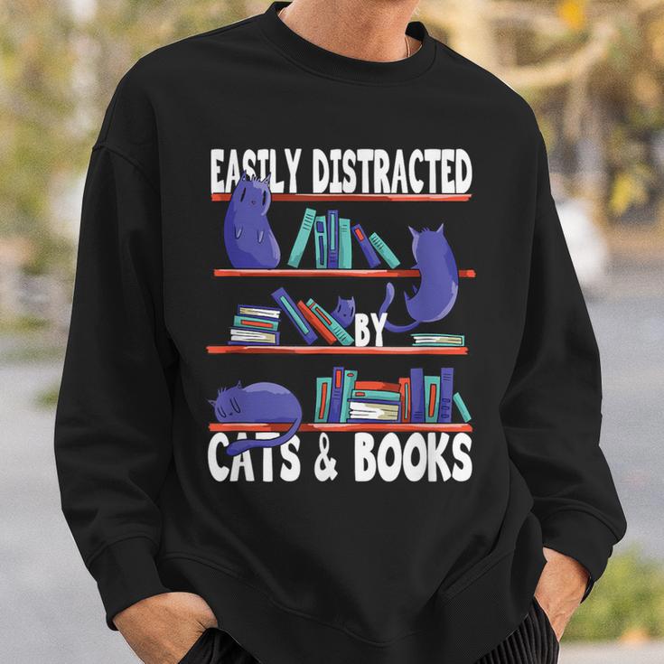 Easily Distracted By Cats And Book Bookworm Cat Lover For Men Women Sweatshirt Gifts for Him