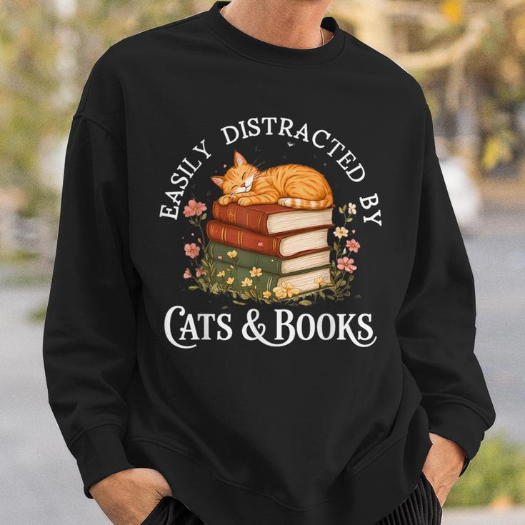 Easily Distracted By Cats And Books Cat And Book Lover Sweatshirt Gifts for Him
