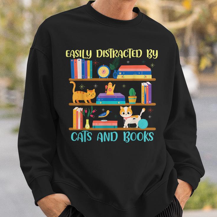 Easily Distracted By Cats And Books Cat Book Lovers Bookworm Sweatshirt Gifts for Him