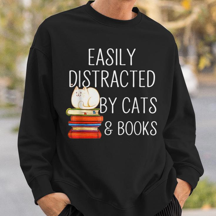 Easily Distracted By Cats And Books Cute Book Lover Sweatshirt Gifts for Him