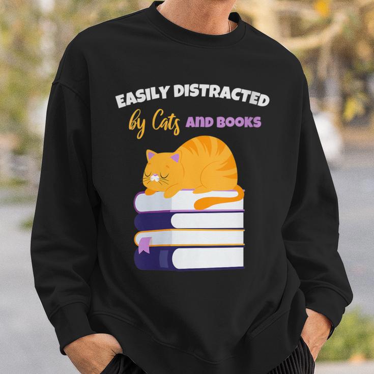 Easily Distracted Cats And Books Cute Cat Book Lover Sweatshirt Gifts for Him