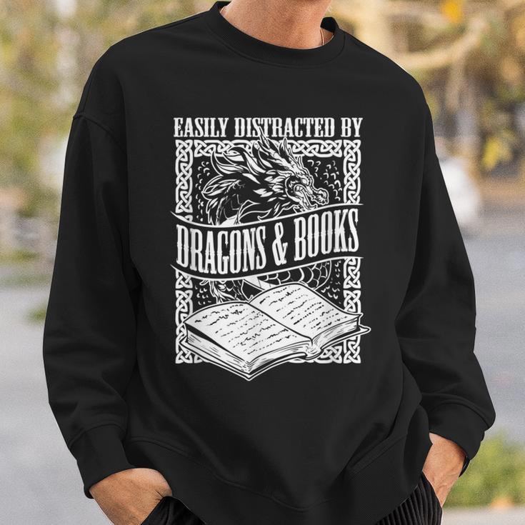 Easily Distracted By Dragons & Books Artwork Sweatshirt Gifts for Him