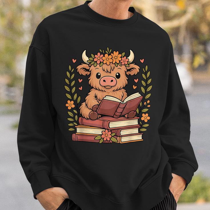 Highland Cow Reading Book Graphic Cow With Book Floral Sweatshirt Gifts for Him