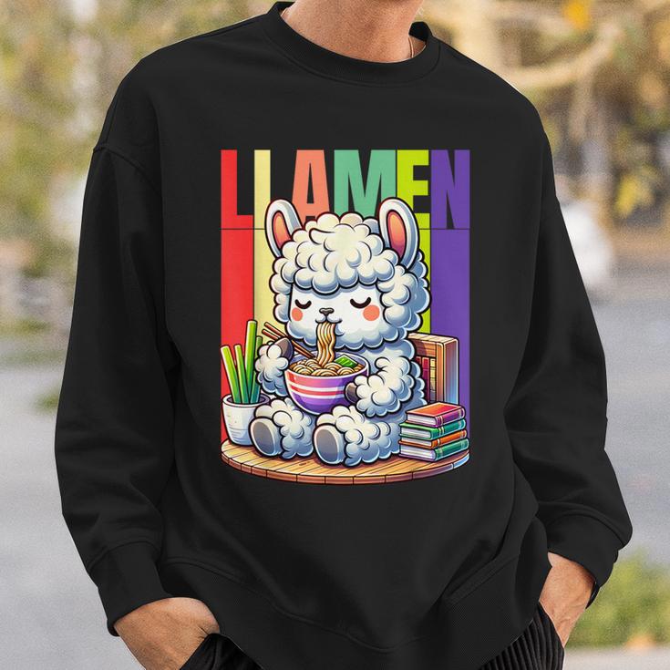 Llamen Cute Kawaii Llama Eating Ramen And Reading Books Sweatshirt Gifts for Him