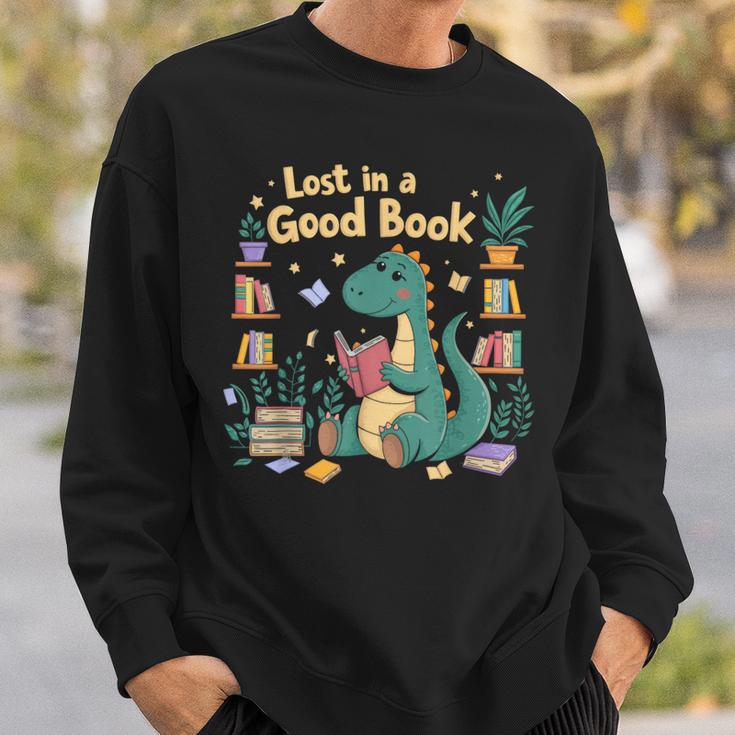 Lost In a Good Book Cute Reading Dinosaur Illustration Sweatshirt Gifts for Him