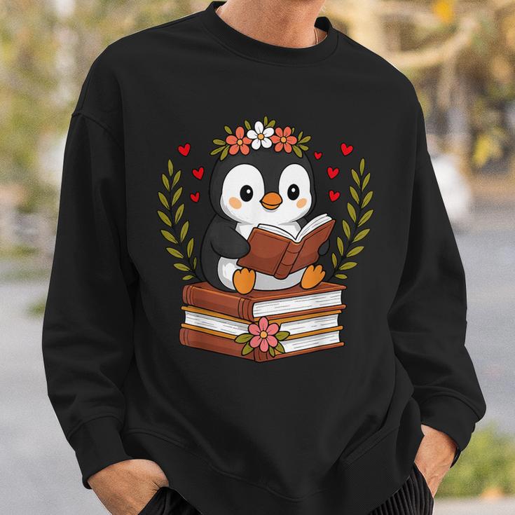 Penguin Reading Book Graphic Penguin With Book Floral Sweatshirt Gifts for Him