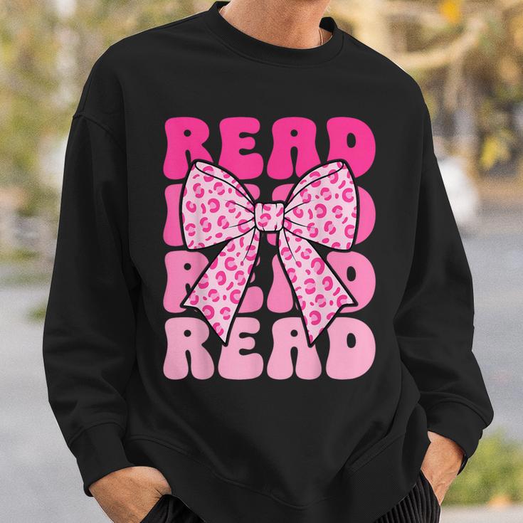 Pink Leopard Read Coquette Bow Girls Retro Groovy Reading Sweatshirt Gifts for Him