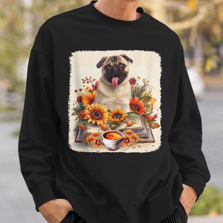 Pug Reading Books Sunflowers With Coffee Lover Owner Sweatshirt Gifts for Him