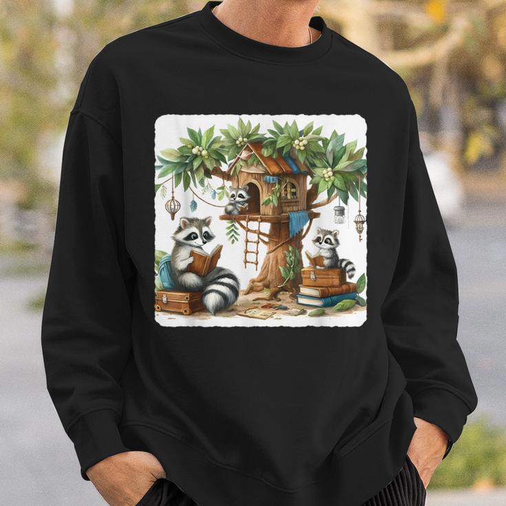 Raccoon Family Reading Around Treetop Home Books Adventure Sweatshirt Gifts for Him