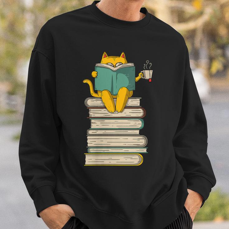 Reading Cat Book & Tea Lover Sweatshirt Gifts for Him