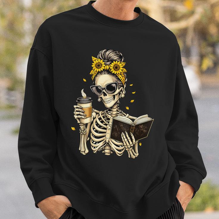 Skeleton Girl Drinking Coffee Bow Sunflower Book Lover Sweatshirt Gifts for Him