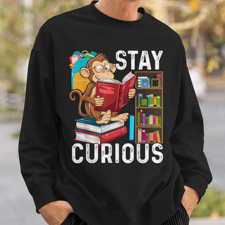 Stay Curious Monkey Reading Book Lover Bookworm Sweatshirt Gifts for Him