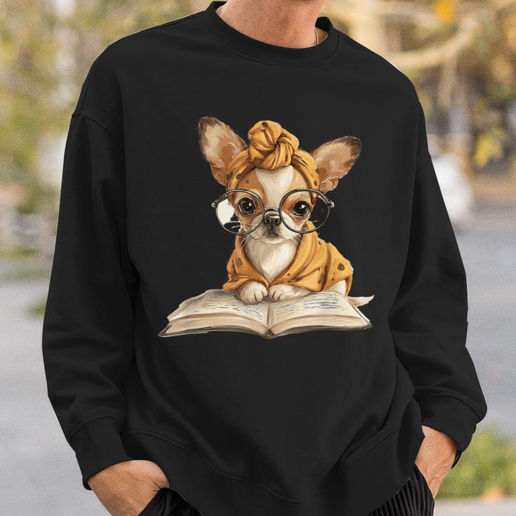 Tiny Puppy Open Book Reading Dog Lover Graphic Round Glasses Sweatshirt Gifts for Him