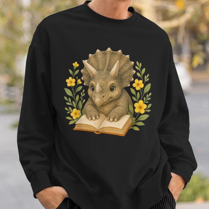Triceratops Dinosaur Reading Book Flowers Floral Sweatshirt Gifts for Him