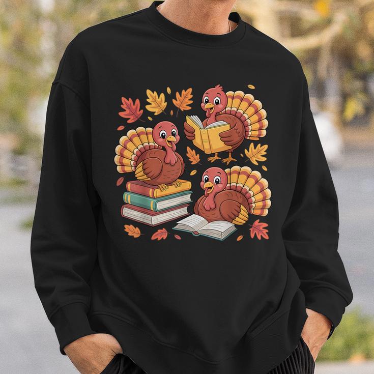Turkey Reading Books Fall Thanksgiving Teacher Librarian Sweatshirt Gifts for Him