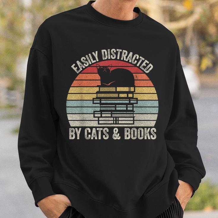 Vintage Retro Easily Distracted By Cats And Books Cat Sweatshirt Gifts for Him
