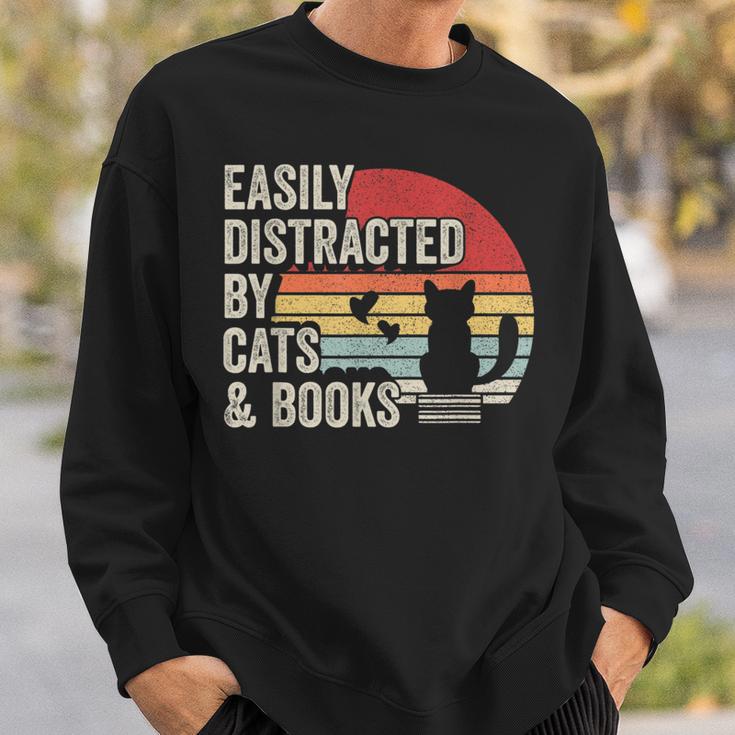 Vintage Retro Easily Distracted By Cats And Books Sweatshirt Gifts for Him