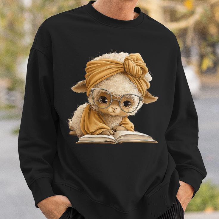 Women's Cute Lamb Reading Book Lover Animal Graphic Baby Sheep Open Sweatshirt Gifts for Him