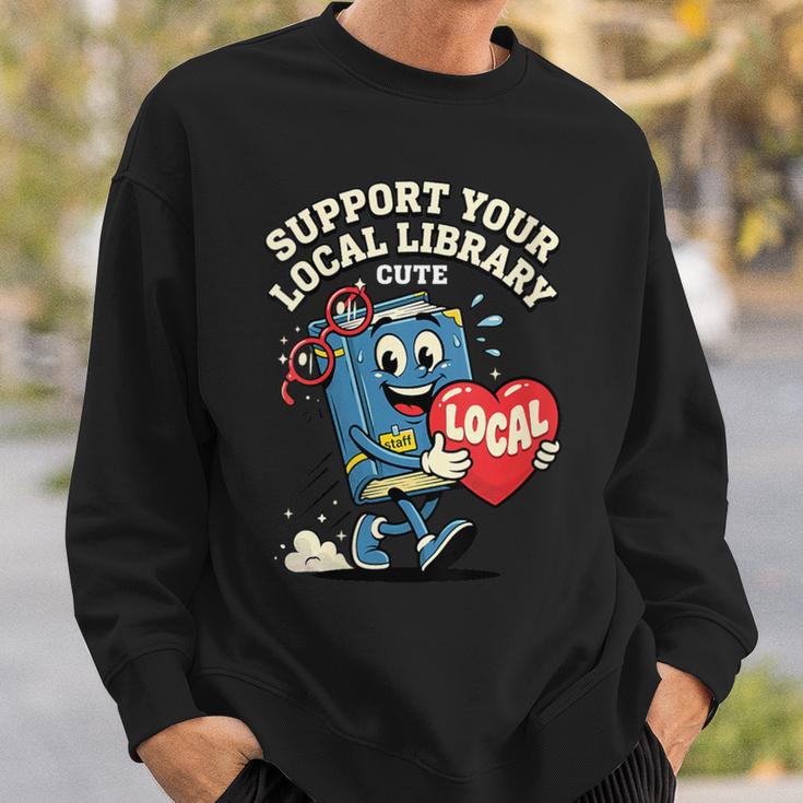 Women's Support Your Local Library Staff Retro Book Mascot Sweatshirt Gifts for Him