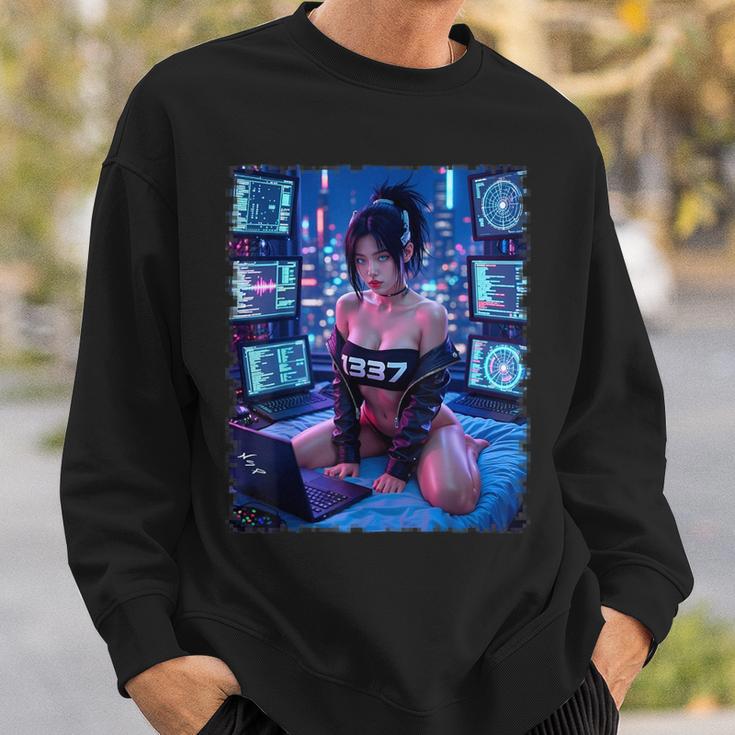 セクシーガールグラフィックtシャツ 1337 サイバーパンク ハッカーガール スウェットシャツ 彼への贈り物