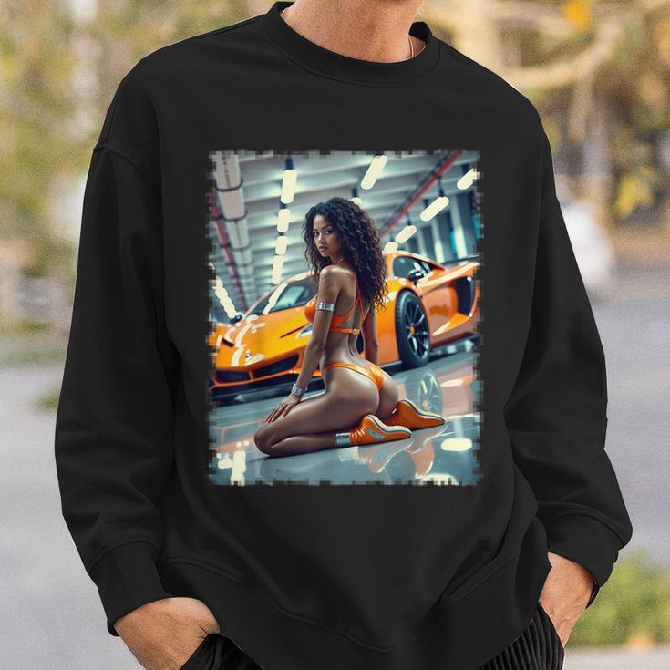 ピンナップガールtシャツ 男性用 ブラックピンナップガール&エキゾチックカー スウェットシャツ 彼への贈り物