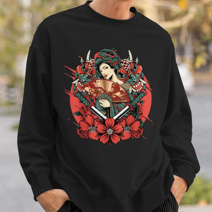 芸者 日本の鬼のお面 妖怪 侍 刀 カタナ 刀 スウェットシャツ 彼への贈り物