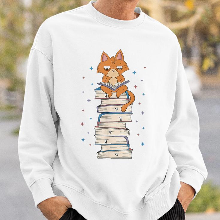 Cat Sits On Books Reading Reading Book Lover Sweatshirt Gifts for Him