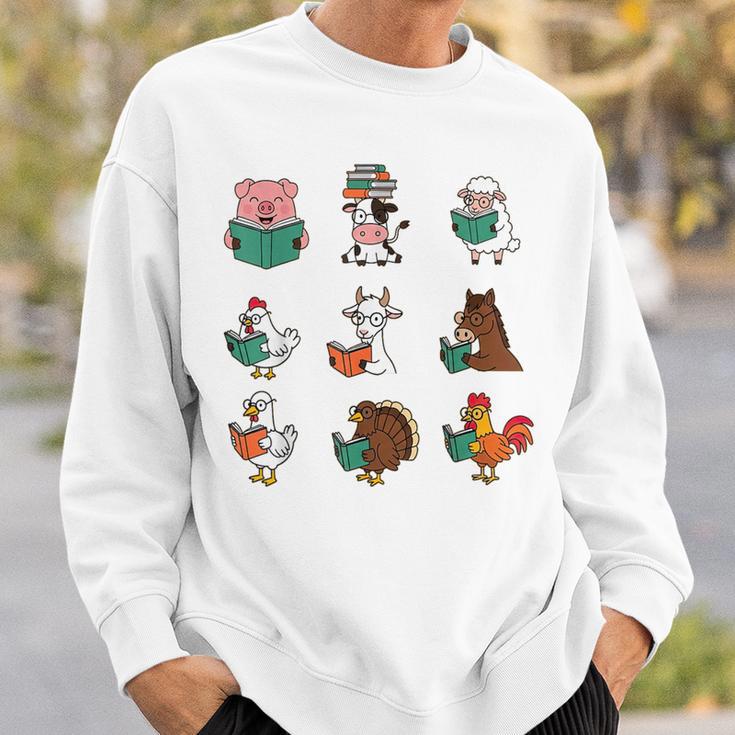 Cute Farm Animals Reading Books Teacher Library Reader Sweatshirt Gifts for Him