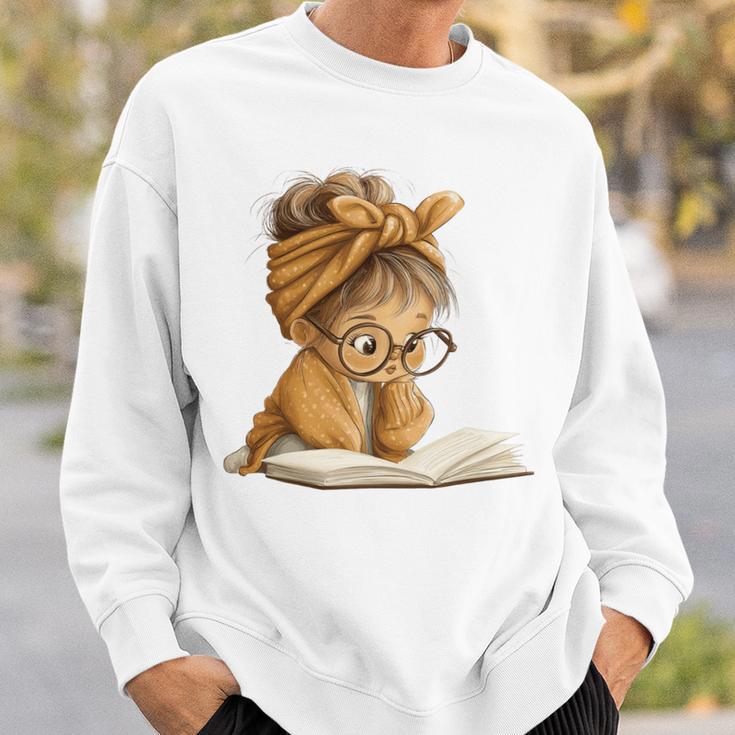 Cute Girl Open Book Reading Book Lover Graphic Round Glasses Sweatshirt Gifts for Him